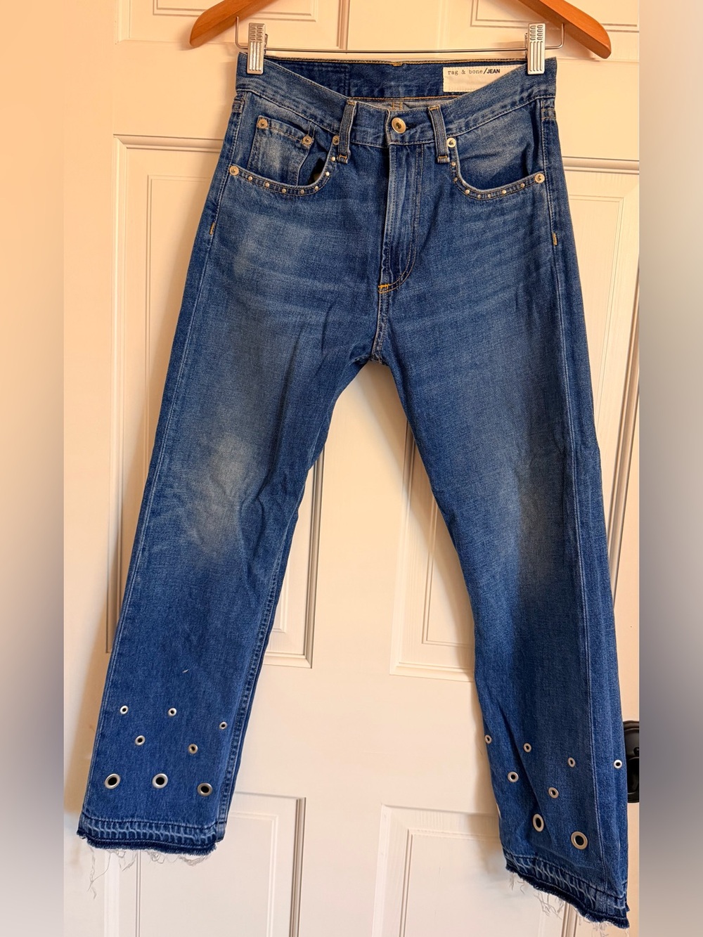 rag & bone Women's Blue Straight Jeans with Eyelet Trim